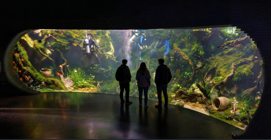 Una representación artística del pabellón dos de la exposición, que permitirá a los visitantes explorar escenarios sumergidos.png