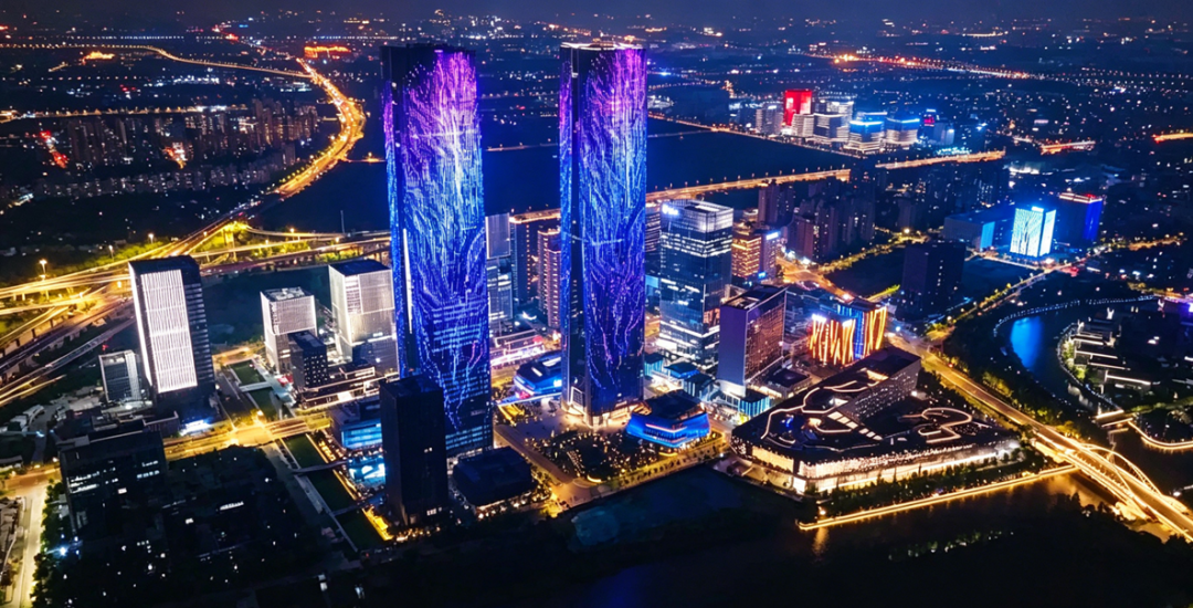 Gate of Science y los edificios circundantes se iluminan en Zhangjiang, Nueva Área de Pudong.png
