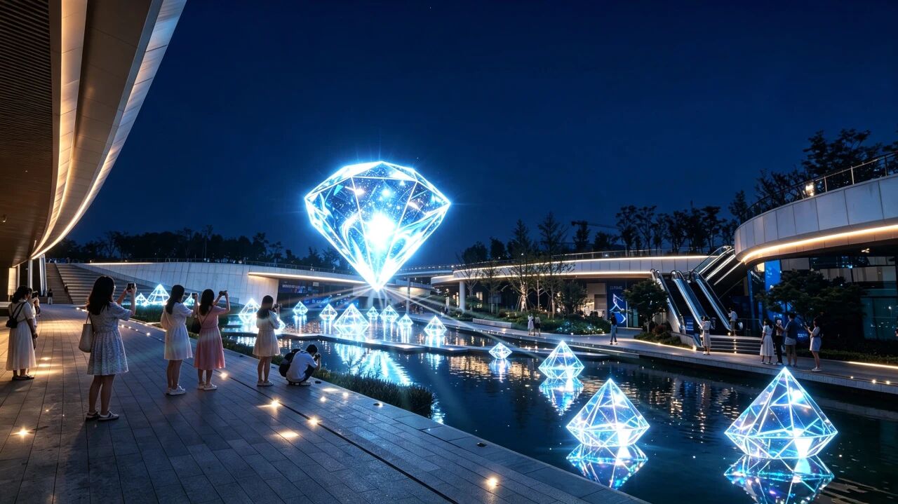Una instalación luminosa flotante con forma de diamante en el TOP Central Park, en el distrito de Putuo.jpg