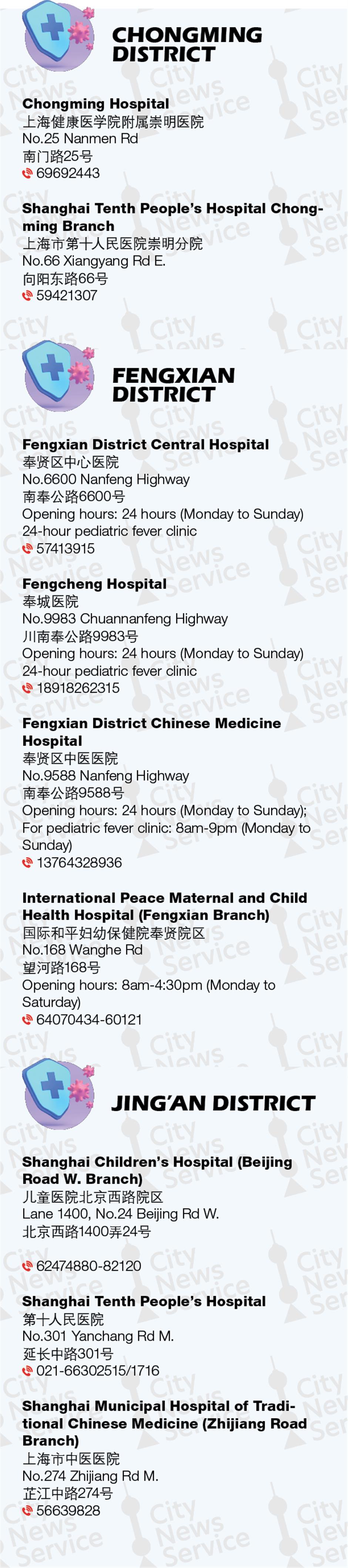 clínicas de fiebre pediátricas abiertas las 24 horas Chongming Fengxian Jing