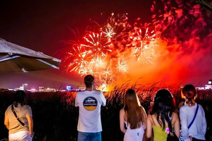 Estudiantes internacionales asisten a un espectáculo de fuegos artificiales junto al lago Dishui.png